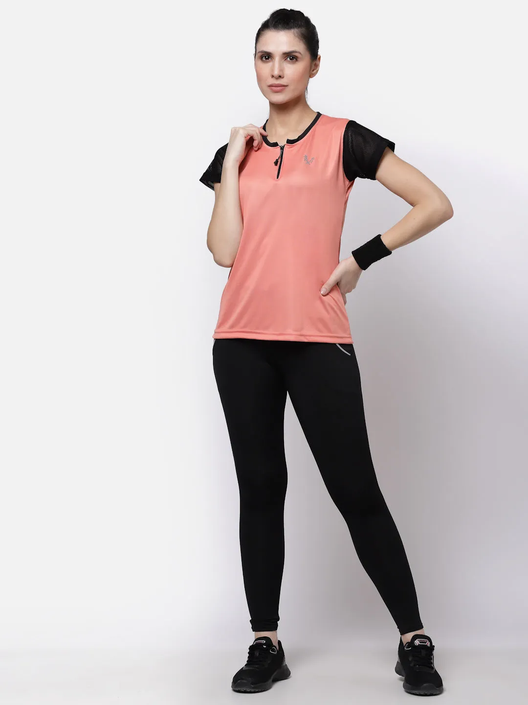 UZARUS Women's Half Sleeves Sports Gym T-Shirt With Zipper