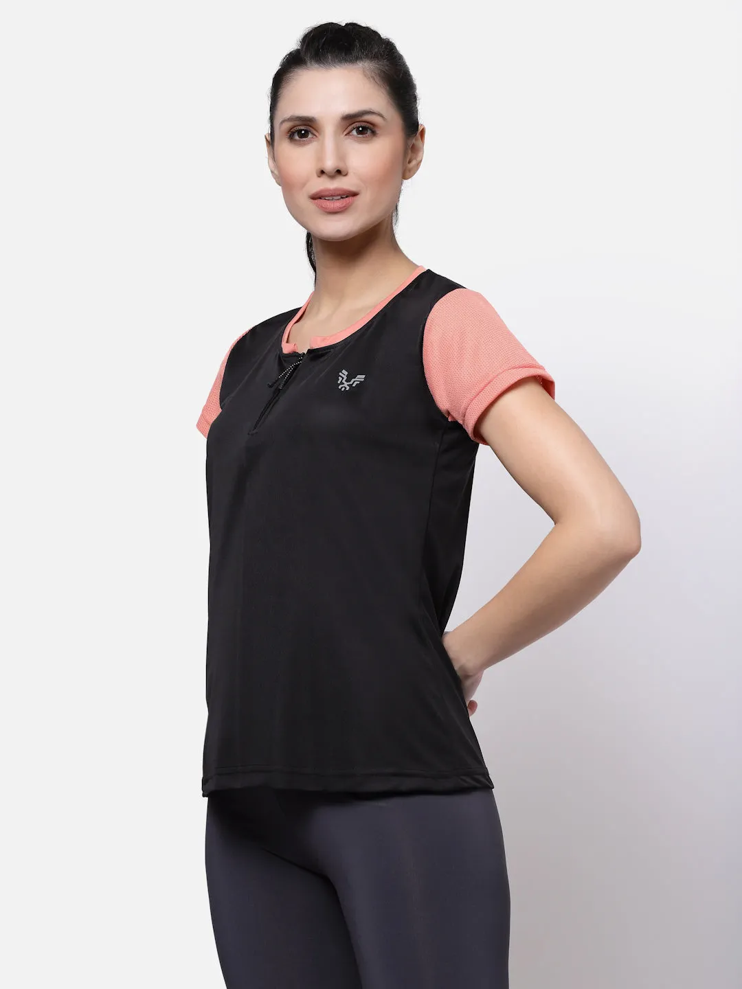 UZARUS Women's Half Sleeves Sports Gym T-Shirt With Zipper