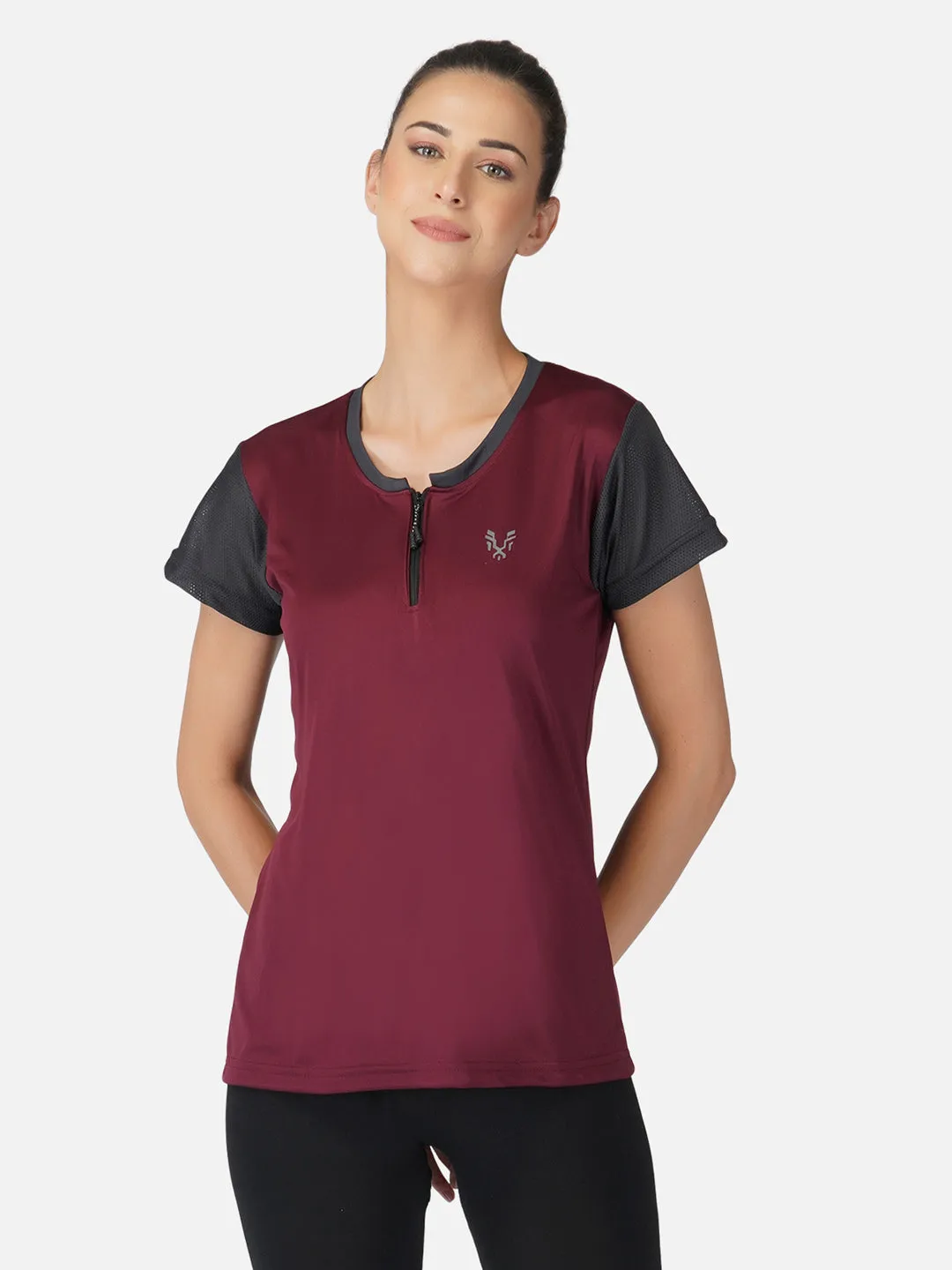 UZARUS Women's Half Sleeves Sports Gym T-Shirt With Zipper