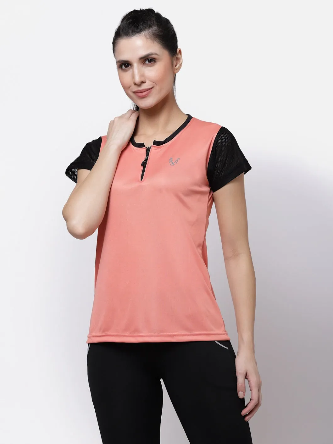 UZARUS Women's Half Sleeves Sports Gym T-Shirt With Zipper