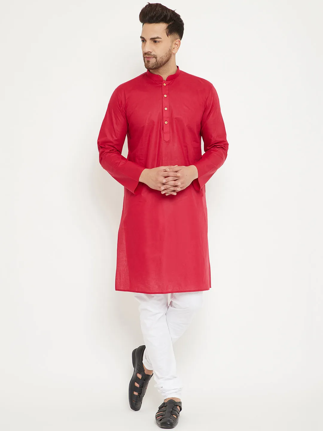 VASTRAMAY Men's Red & White Kurta Churidar