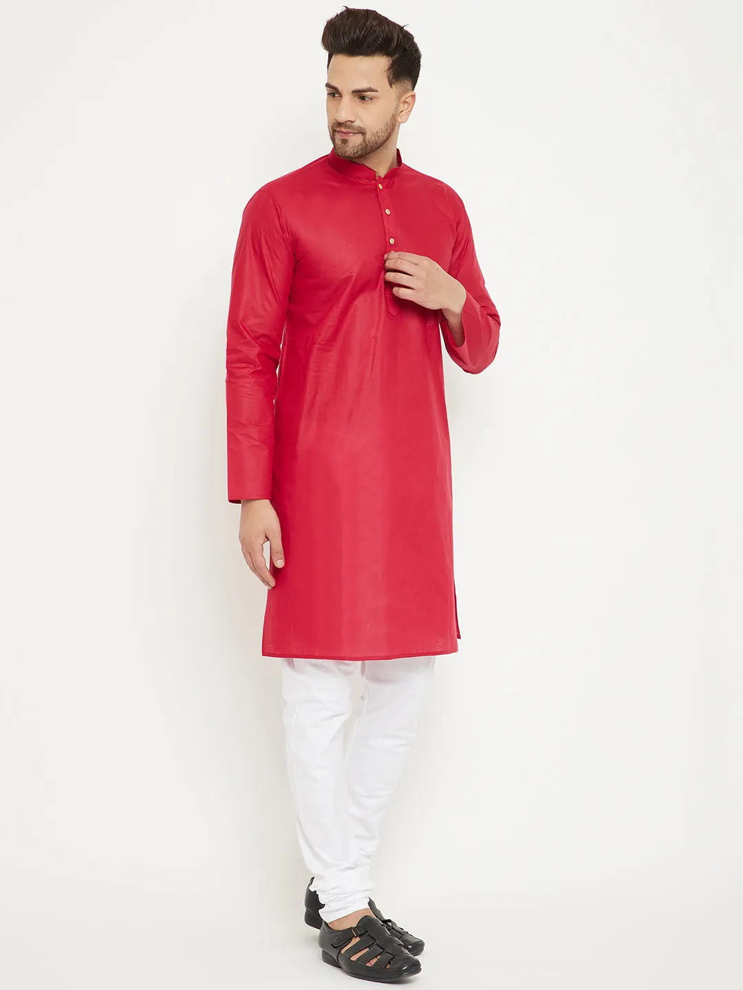 VASTRAMAY Men's Red & White Kurta Churidar