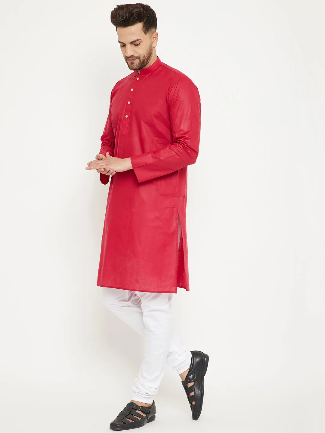 VASTRAMAY Men's Red & White Kurta Churidar