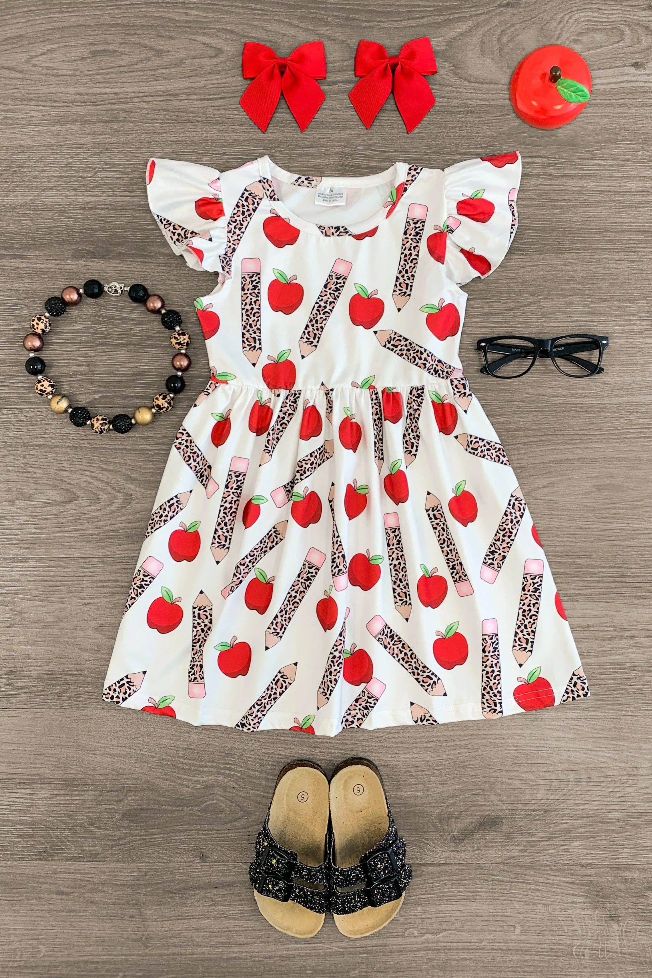 White Cheetah Pencils & Apple Dress