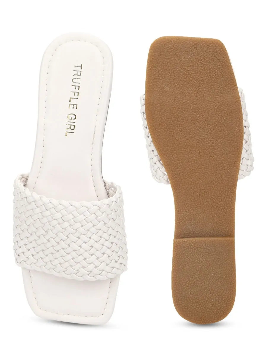 White PU Mesh Strap Slip Ons