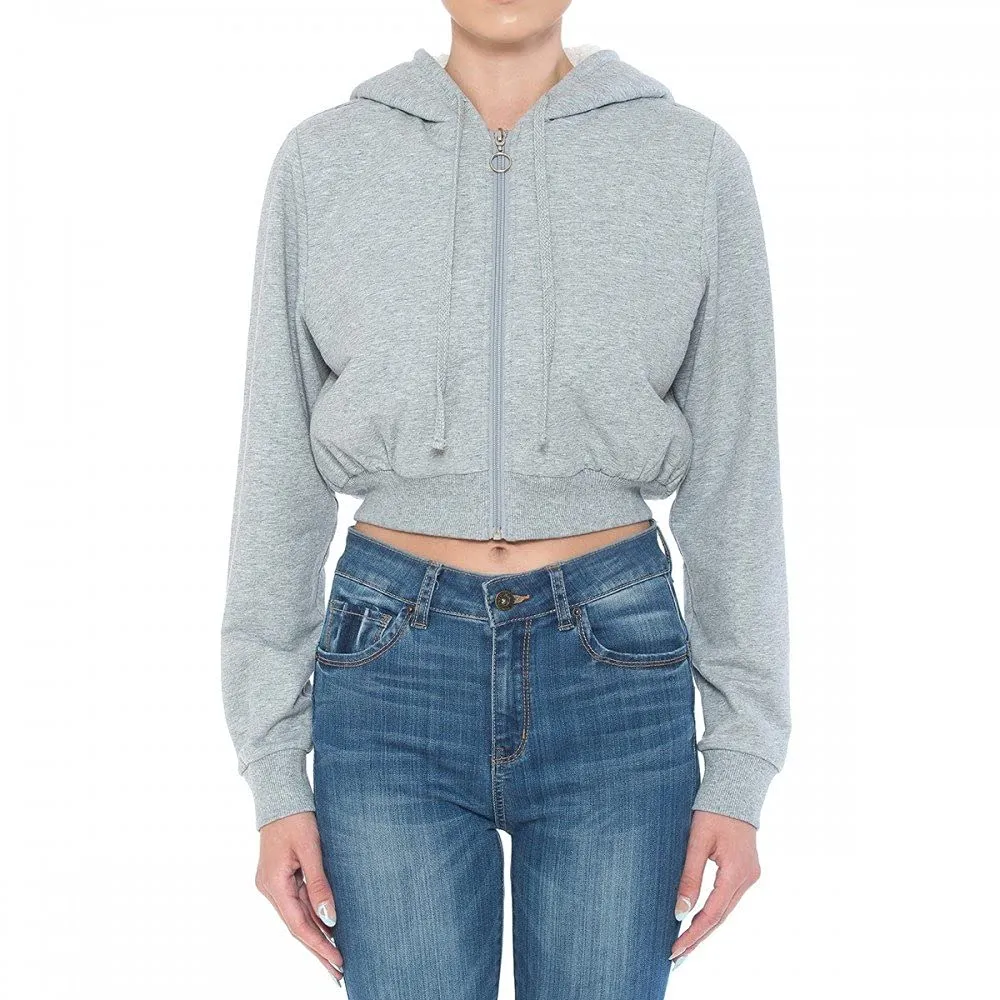 Womens Sherpa Lined French Terry Long Sleeve Cropped Zip Hoodie